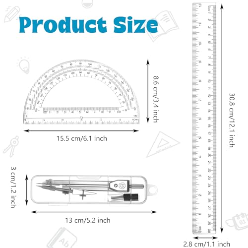 zonon 3 pcs plastic ruler 6 inch protractor drawing compass set student geometry math transparent measuring tools for home school classroom office supplies12 inchclear