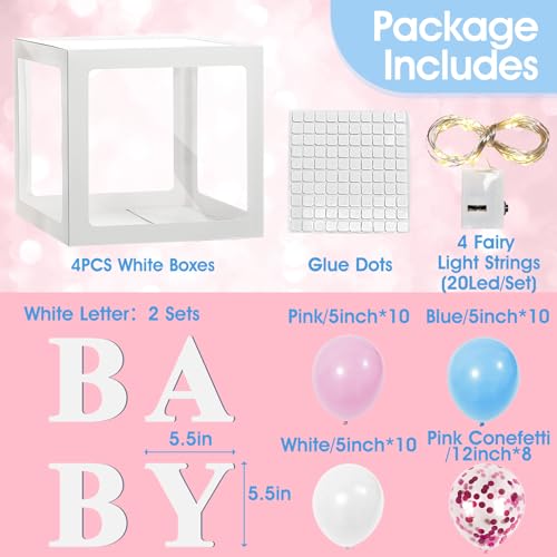 Image of Ledido Baby Boxes with Letters for Baby Shower Decoration, 4 pcs Clear Baby Balloon Boxes Blocks with LED Fairy String Lights 38 Balloons for Boy Girl Gender Reveal Birthday Party (White)