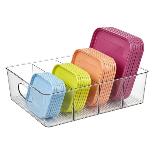 Rainmae Lid Organizer for Food Storage Container, Kitchen Pantry Lid Holder with 4 Adjustable Dividers for Cabinets and Drawer, Countertop Cupboard Lid Organization, Food Storage Container for Lids