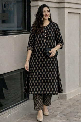 Image of ANNI Designer Kurta Set for Women Viscose Printed | Kurti Set for Woman | Kurta Pant Set | 2 Piece Set Women | Mandarin Neck 3 /4 Sleeve Regular Fit Stylish Ethnic Outfit Clothing