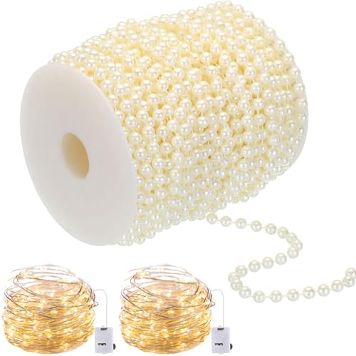 6mm/40ft String of Pearls with Fairy Lights, Pearl Garland String Pearl Strands Trim, Faux Pearl Beads Ribbon Decorations for Flowers Wedding Party Christmas Tree(Ivory)