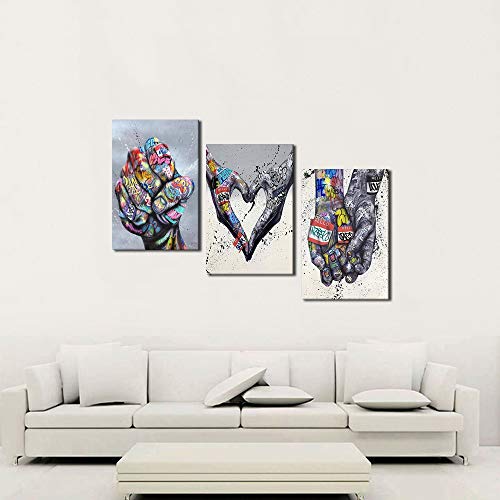 Classic Street Art Gesture Heart Poster Canvas Wall Art 3-Piece Set Graffiti Oil Painting Hand Of God Wall Decor Modern Home Living Bedroom Office Wall Decor With Wooden Frame For Hang - 72''W X 36''H #TOP1