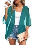 Womens Kimono Cardigans Beach Cover ups Swimwear Puff Sleeve Loose Casual Summer Tops (Turquoise,L)