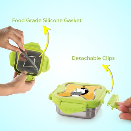 Image of STEELLOCK Smart Kids Stainless Steel Lunch Box, Leakproof & Airtight Tiffin Box for School Boys & Girls, BPA Free Food Grade with 4-Side Clip Lock | 360 ML | Green, 3D /UV Print Zebra