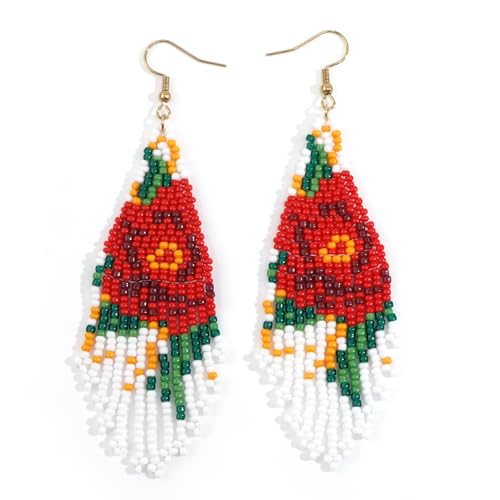EQUBIO Bohemian Beaded Long Tassel Dangle Earrings for Women, Handmade Jewelry White Tarnish Resistant Lightweight Design, Stylish Accessory for Beach Vacation Party and Gift (colors-3)