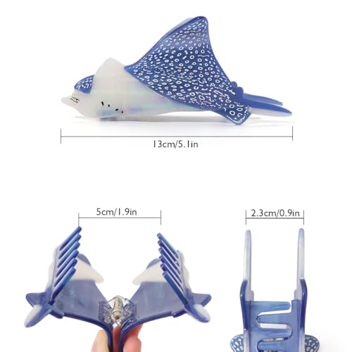 Eagle Ray Hair Claw Clip – Iridescent Blue Gradient, 5.1 Inch, Shark Teeth Grip – Color-Shifting Acetate Clip for Women, Beach & Everyday