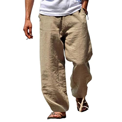 Linen Long Pants for Men Hip Hop Casual Trousers Baggy Beach Pant Elastic Waist Drawstring Yoga Bottoms with Pockets