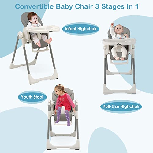 Image of INFANS High Chair for Babies and Toddlers, Foldable Highchair with 7 Different Heights 4 Reclining Backrest Seat 3 Setting Footrest, Removable Tray Built-in Rear Wheels with Locks (Grey)