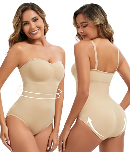 Image of Strapless Shapewear for Women,Tummy Control Bodysuit With Built In Bra,Seamless Body Shaper Tube Top Body Suit