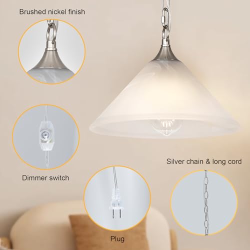 Image of Plug in Pendant Light Alabaster Glass Dome Shade Hanging Lamp with Dimmable On /Off Switch,16.4Ft Cord & 14.7Ft Chain Brushed Nickel Swag Light Fixture for Kitchen Sink Bar Nook Farmhouse