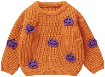 Xeadoffubio Unisex Children's Halloween Sweater With Embroidery Pumpkin Letters Long Sleeve Sweatshirt Child Halloween Ghost Pumpkin Knitted Sweater, Apricot-A, 0-3 Months