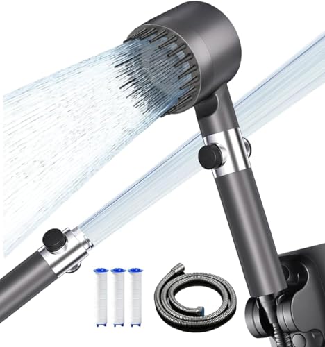 Duschkopf mit Filter Hochdruck Handbrause mit Schlauch,4 Strahlarten Duschkopf Wassersparend mit Filtration, Sparduschkopf mit Antikalk-Funktion Duschbrause für Rest-Chlor,Schwermetall usw Grau