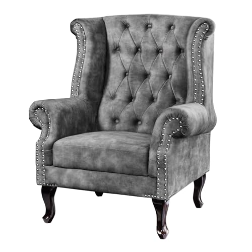 Riess Ambiente Design Ohrensessel Chesterfield 105cm grau Samt Silber Nieten