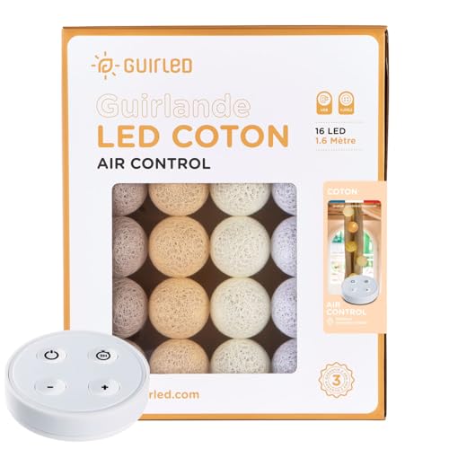 GuirLED - Guirlande lumineuse boules coton LED USB - Télécommande sans fil - Veilleuse bébé 2h - Adaptateur secteur double USB 2A inclus - 4 intensités -...