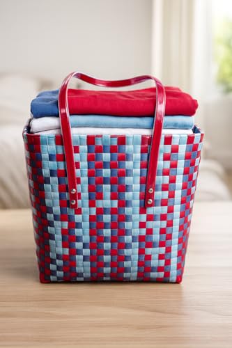 Image of Hand Made Multipurpose Plastic Basket with Lid | Eco-Friendly, Washable, Rust-Free Storage Basket for Kitchen, Picnic, Toys, Travel, Office | Lightweight basket (Grey with Red, Extra Small)