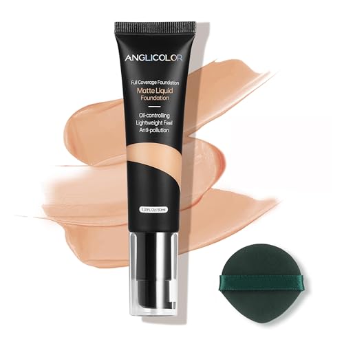 Anglicolor Base Maquillaje,Base De Maquillaje Alta Cobertura,Larga Duración resistente al agua, Mate Maquillaje Natural,Para Pieles Grasas Y Mixtas(#104 Buff Beige, 30ml)