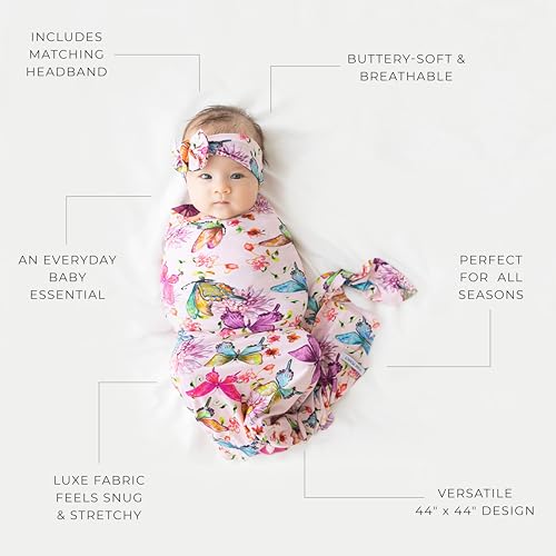 Image of Posh Peanut Swaddle Blanket & Headband Set - Viscose from Bamboo Stretchy Baby Swaddle for Newborn Girls, Receiving Blanket or Nursing Cover (Watercolor Butterfly)