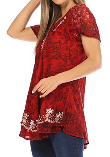 Image of Sakkas Ash Speckled Tiedye Embroidered Cap Sleeve Blouse Top with Embroidery Hems