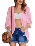 HOTOUCH Womens Summer Cardigan Lightweight Open Front Casual Cape Cozy Beach Cover Up 3/4 Sleeve Loose Fit Pink M