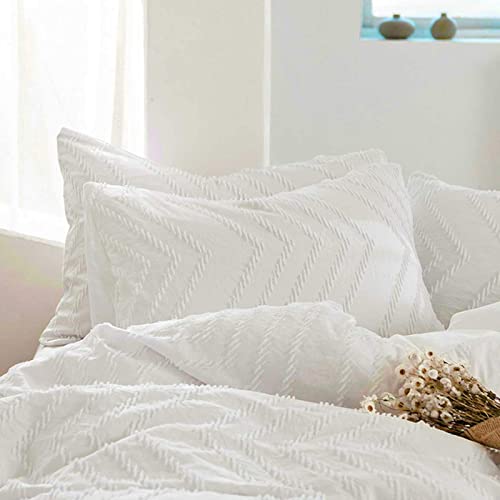 Nanko Queen Comforter Set White Tufted Jacquard Boho Soft Shabby Chic Reversible Down Alternative Microfiber Bedding - All Season Duvet And 2 Pillowcases Farmhouse Bed Sets Women Men Size 88 X 90 3Pc #TOP4