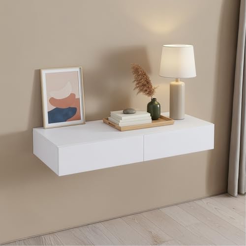 [en.casa] Estanteria Pared Karstula con 2 Cajones hasta 5 kg Mesilla de Noche Mural Estante con Dos Cajones Recubierto de PVC 80 x 35 x 12 cm - Blanco