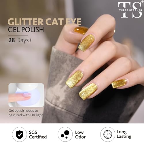 Image of THR3E STROKES Cat Eye Gel Nail Polish 15ml Polish Soak Off U V LED Nail Lamp 1 Color Silver Shimmer Velvet Gel Nail Polish Nail Art Manicure Salon DIY Home (GLORIOUS GOLD)