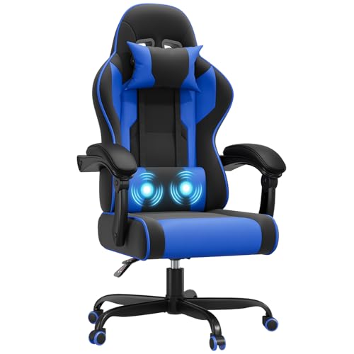 JUMMICO Chaise Gaming Ergonomique avec Massage Lombaire, Fauteuil Gaming avec Dossier Inclinable, Ergonomic Office Chair avec Assise Douce et Résistante, Idéale pour Jeux et Boulot, Bleu