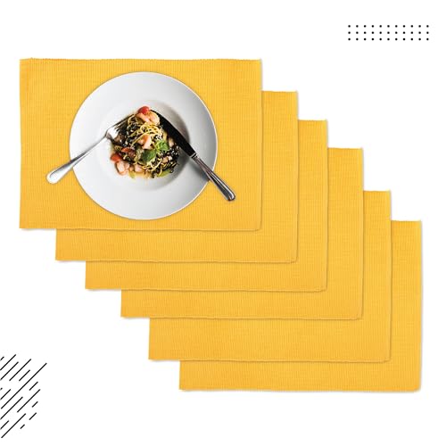 Image of Encasa XO Dining Table Mats Set of 6, Ribbed Cotton Table Mat 48x32 cm | Handmade Heat Resistance Table Placemats, Non Slip, Washable & Durable Place Mat for Centre Table, Living Room Yellow