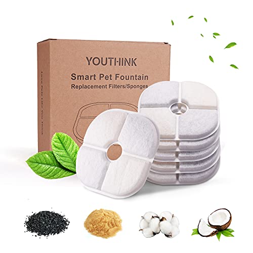 YOUTHINK Filtre Fontaine Eau Chat, 2.2L Remplacement Filtres de Fontaine pour Chat Chien, avec la résine et Charbon Actif Filtre Les Cheveux et Les Impuretés Chat Filter Fontaine Cover