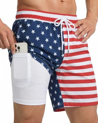 7 Inch 7in Men Swim Trunks mid-thigh Compression Liner Quick Dry Pocket Lined Inseam American Flag 4th July Red White Blue USA Patriotic Male Swimwear Swimsuit Boardshorts Bathing Suit Beach Short