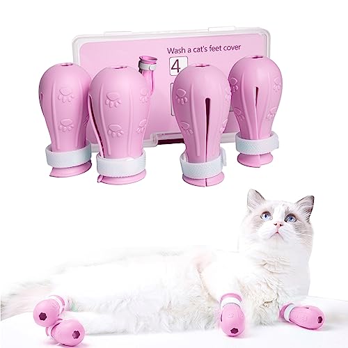 Image of Cat Scratch Cover for Nursing Rehabilitation Cat Boots for Cats Only, Adjustable Cat Bathing Gloves(Pink-c)