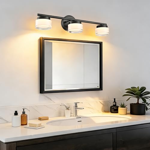 Image of Modern Black 3-Light LED Vanity Light with Acrylic Shade | 3000K Warm White Vanity Lights, Wall Sconces for Bathroom Bedroom Kitchen Living Room