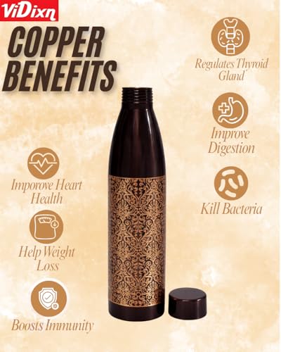 Image of 100% Pure Copper Water Bottle 950ml - Ayurvedic Leak-Proof Copper Bottle for Drinking Water - Handcrafted Mandala Design - BPA-Free & Eco-Friendly - Improves Immunity & Digestion (Browni Camel)