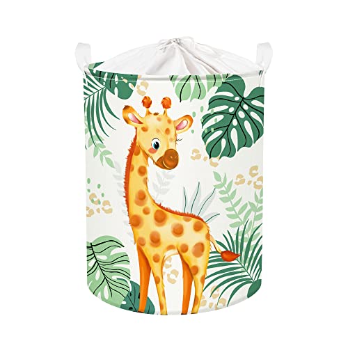 Clastyle Cesta Portabiancheria Animale Foresta Giraffe Foglia per Ragazzi Ragazza Contenitore Giochi Bambini Verde Grande Tondo Pieghevole per Camera da Letto, 40x50 cm