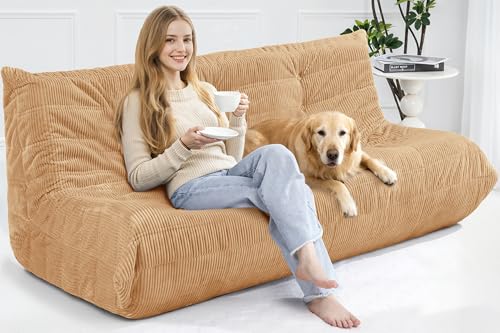 Image of Bean Bag Chair,Giant Beanbag Chairs for Adults,Comfy Large Fireside Chair Lazy Sofa,Corduroy Bean Bag Lounger with Memory Foam Filled,Floor Sofa Couch for Home,Living Room (Khaki, 3-Seater)
