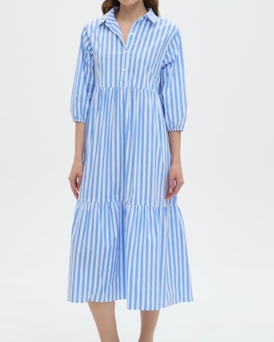 Image of EZAPINE Womens Babydoll Striped Shirt Midi Dress Puff Long Sleeve Collared Button Tunic Flowy Swing Dresses
