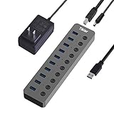Powered USB 3.0 Data Hub, Tikier USB 3.0 Splitter Includes 10 BC 1.2 Charging Port with Individual...