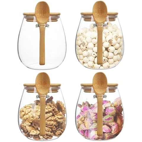 Clear glass storage containers, 38oz food storage jars, Set of 4, wide mouth, with spoons, for food storage, candy, coffee, biscuits, rice, sugar, tea, cereals, dried fruits, etc (Large 4PCS) Cover