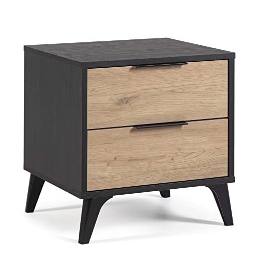 VS Venta-stock Mesita de Noche Koln 2 cajones Color Negro/Madera, 45 cm (Ancho) 40 cm (Profundo) 48,4 cm (Altura)