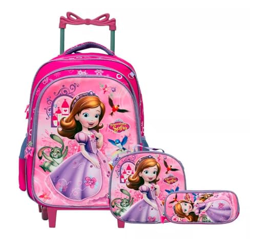 Kit Mochila Infantil com Rodinhas Princesinha Sofia 3D + Lancheira + Estojo Escolar