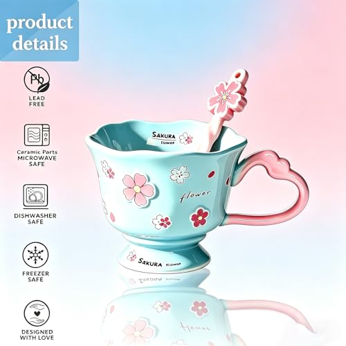 Taza de cerámica azul con diseño floral 12 oz miniatura 2