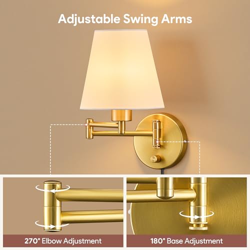 Image of VONLUCE Wall Sconce Set of 2, Plug in & Swing Arm Wall Lamps, Gold Finish