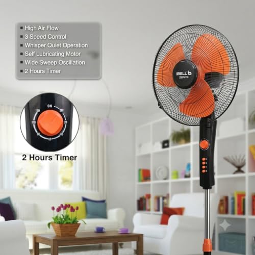 Image of IBELL Zephyr03 Pedestal Fan, 400mm (16 Inch), High-Speed 3-Blade Motor, Built-in Timer, Adjustable Height, Powerful Air Delivery, 2-Year Warranty, Orange