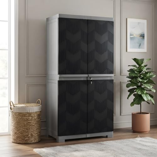 Image of Nilkamal Freedom FMM Wave Plastic Storage Cabinet|3-Year Warranty|Clothes Cupboard|Wardrobe|Almirah|for Home, Living Room, Bed Room|Adult & Kids|Haze Grey and Charcoal Grey