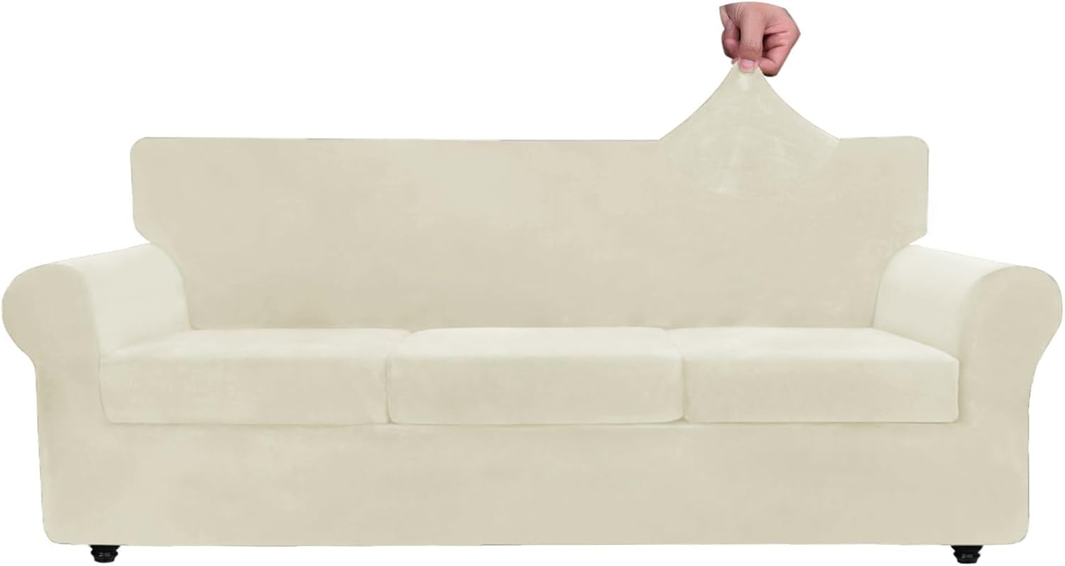 ZNSAYOTX Oversized Velvet Couch Cover 4 Piece (92"-115") Stretch Sofa Covers for 3 Cushion Couch Thick Soft XL-Slipcover with Non Slip Strap, Dog Pet Friendly Nice Furniture Protector (Beige)