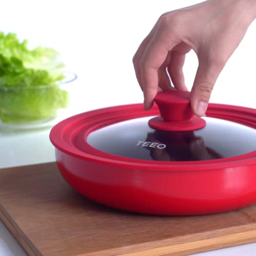 Teeo - Universal Pot Lid - Pan Cover For Frying - Drop Lid - Silicone Lids 8 - Tempered Glass Silicone Rim Cool Touch Handle Steam Vent Dishwasher Safe Skillet Multi-Sized Lid (8/8.5/9.5 Inches, Red) #TOP3