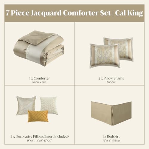 Image of CozyDH Comforter Set California King, Champagne Gold Beige - Luxury 7 Piece Bed in a Bag Jacquard Damask Vintage Floral, All Season Down Alternative Bedding with Skirt, Shams, Decor Pillows, 104x96 in