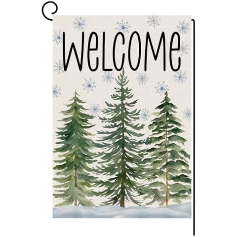Welcome Christmas Garden Flag 12x18 Inch Double Sided Christmas Tree Small Yard Flag, Winter Christmas Rustic Yard Outside Decoration Cover
