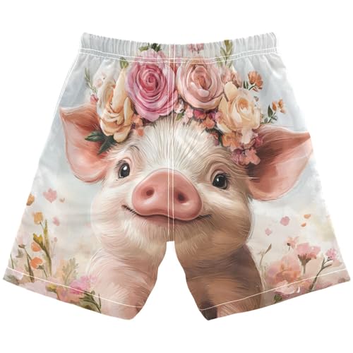 DOMIKING Rose Piggy Boys' Pull On Swim Trunks Quick Dry Boardshorts with Mesh Lining for Pool Gym M2