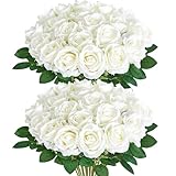 Serwalin 30PCS Artificial White Roses, Fake Silk Roses with Long Stems, Realistic Roses Flowers for Wedding Centerpieces Bridal Bouquet Party Home Office Decor
